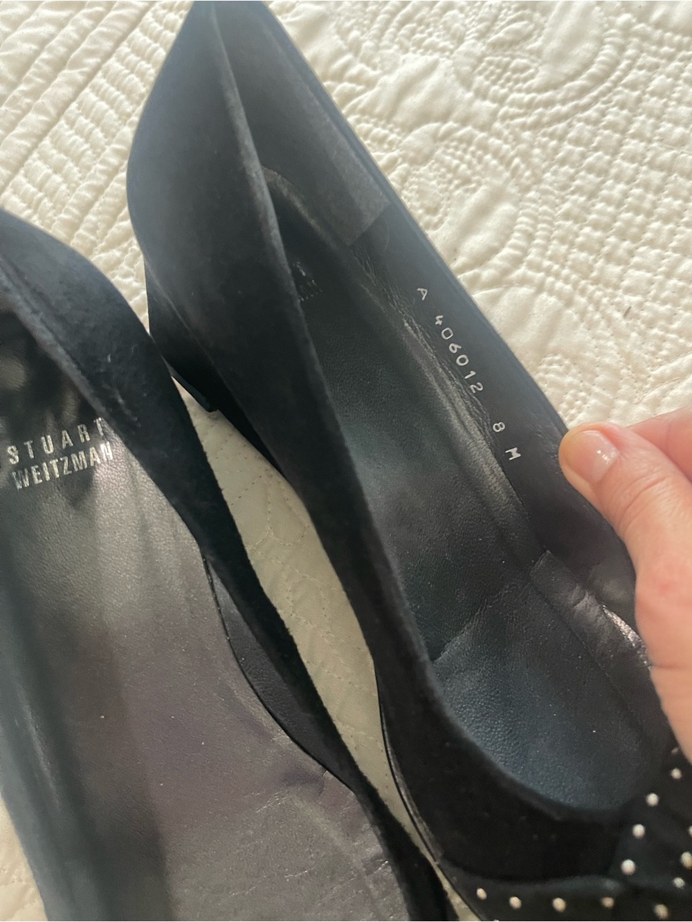 Stuart Weitzman Black Studded Bow Wedge Pumps - Picture 3 of 4